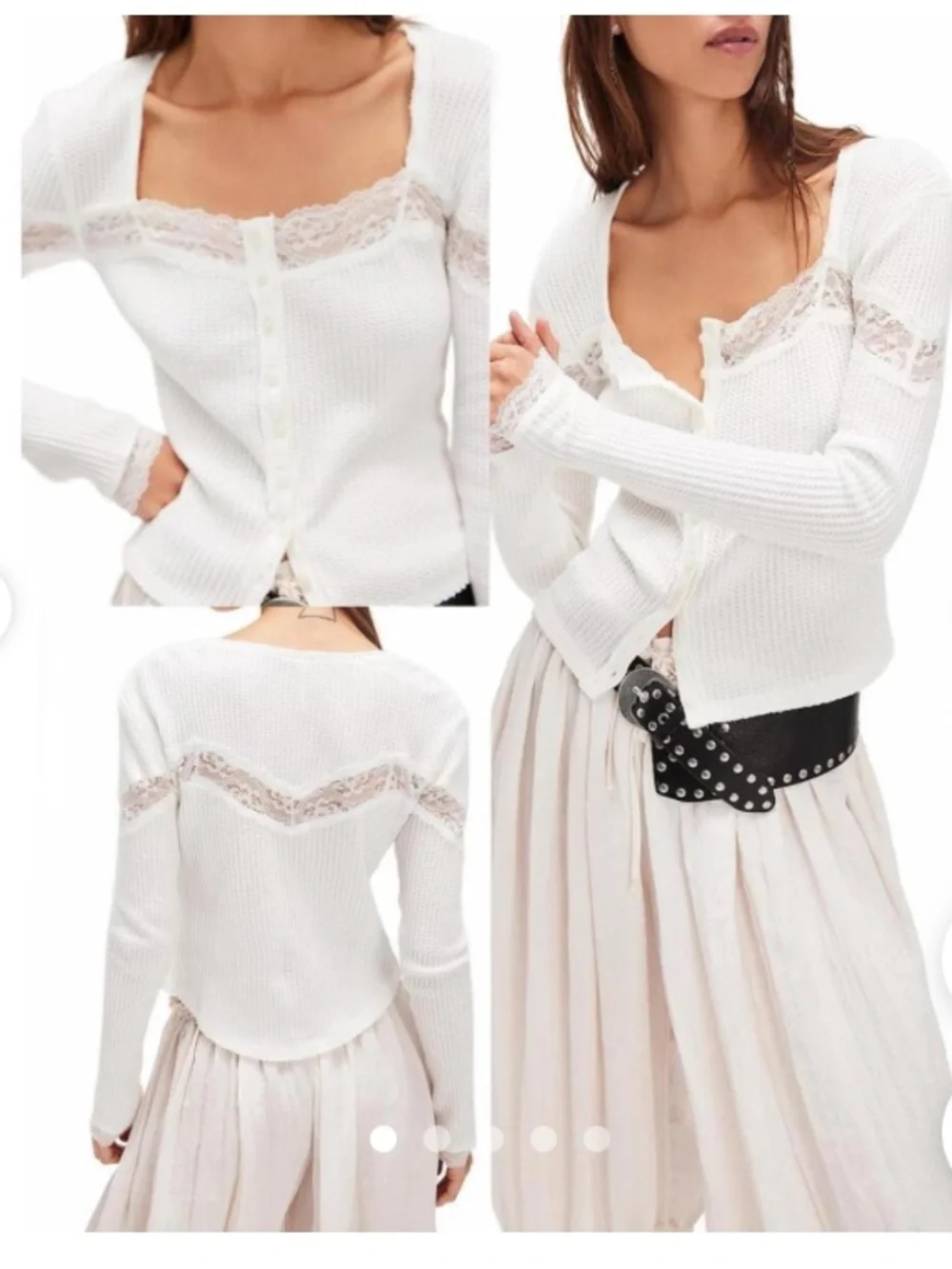 Free People White Lace-Trim Waffle Knit Cardigan